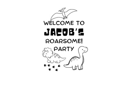 Custom Designed Dinosaur Childrens Birthday Party Vinyl Decal- Personalised with your Details - Choose Your Font, Colour and Size