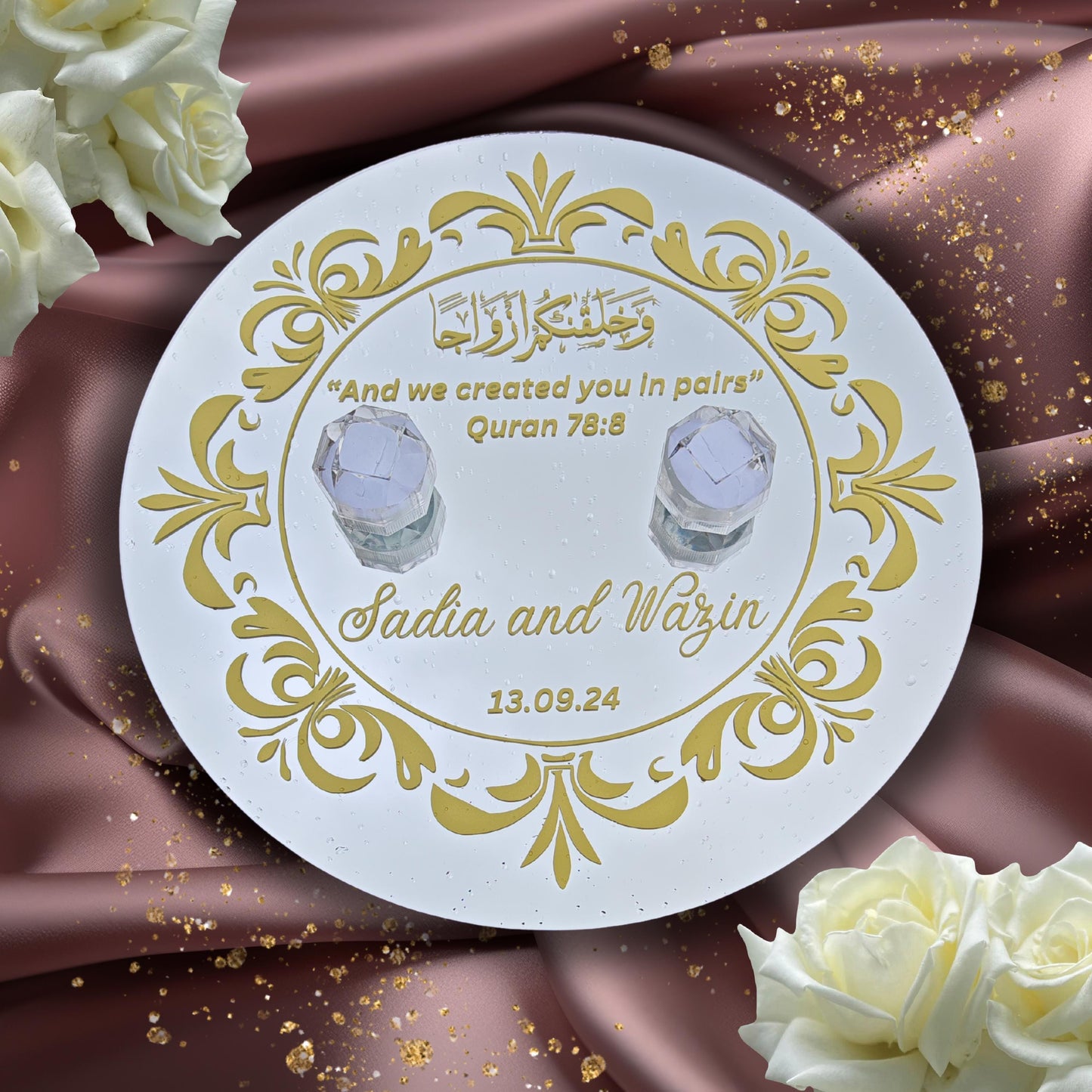 Personalised Wedding Nikkah Glass Mirror Ring Plate with Ring Holders 30.5cm | Islamic Wedding | Engagement Gift